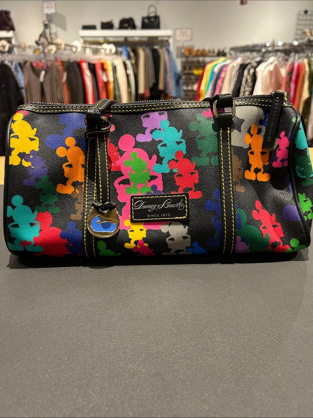 Dooney & Bourke Black Multicolor Mickey Silhouette Mini Barrel Bag
